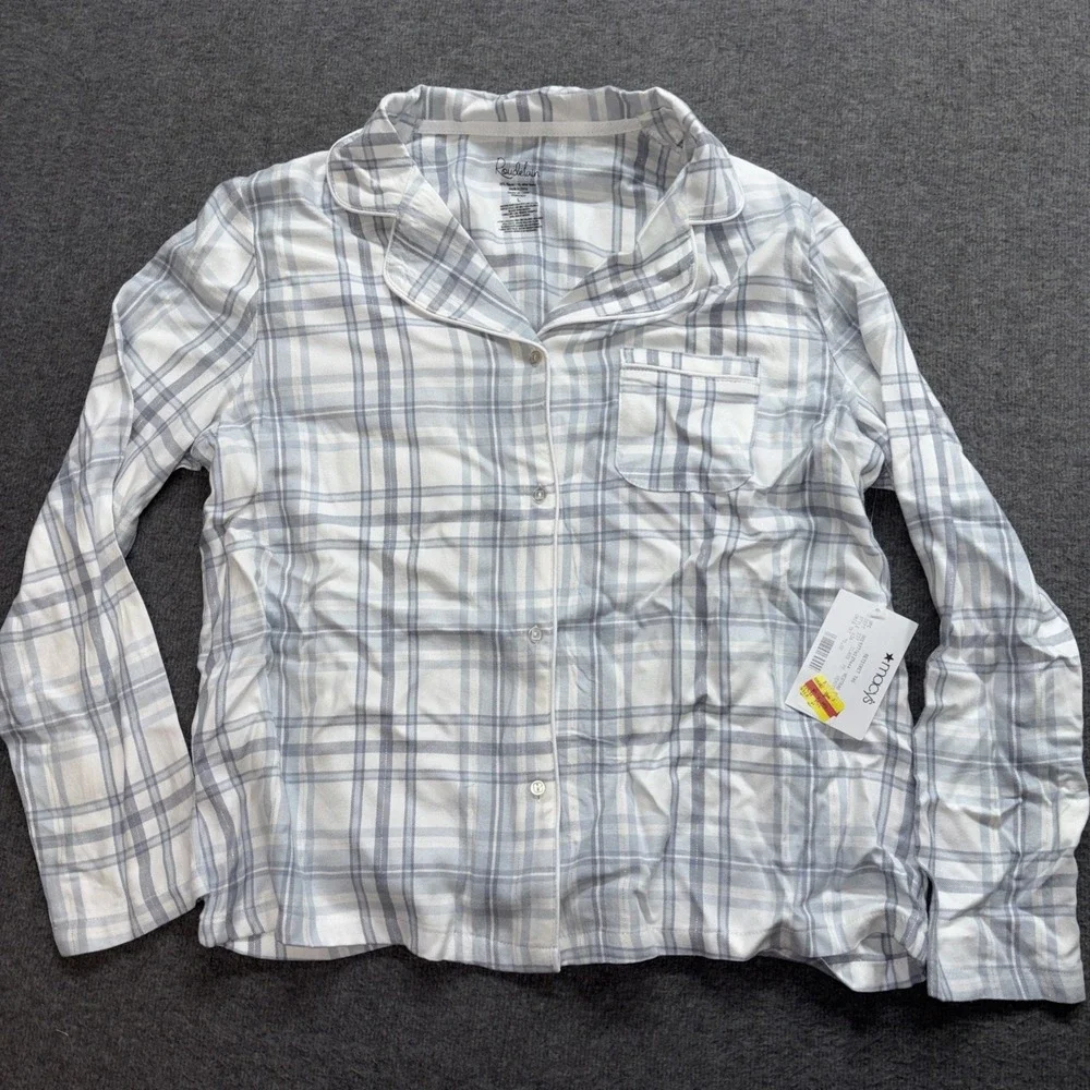 Women's button-down pajama top by Roudelain in a white and gray plaid Large